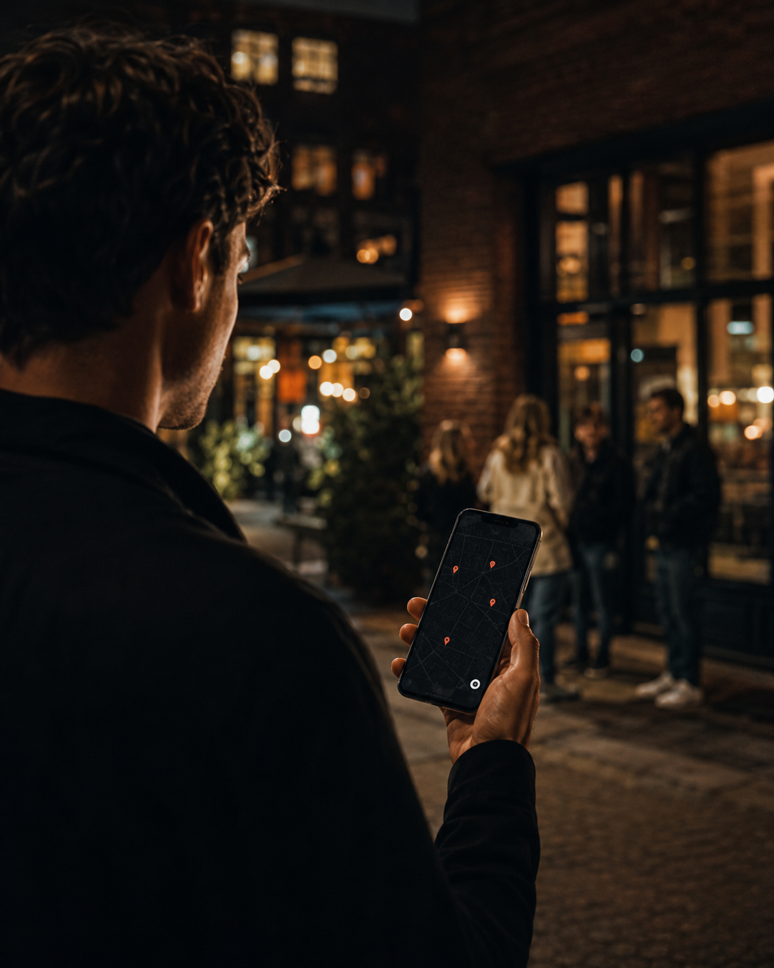 Eine Person betrachtet nachts vor einem Veranstaltungsort eine Event-Karte auf dem Smartphone.